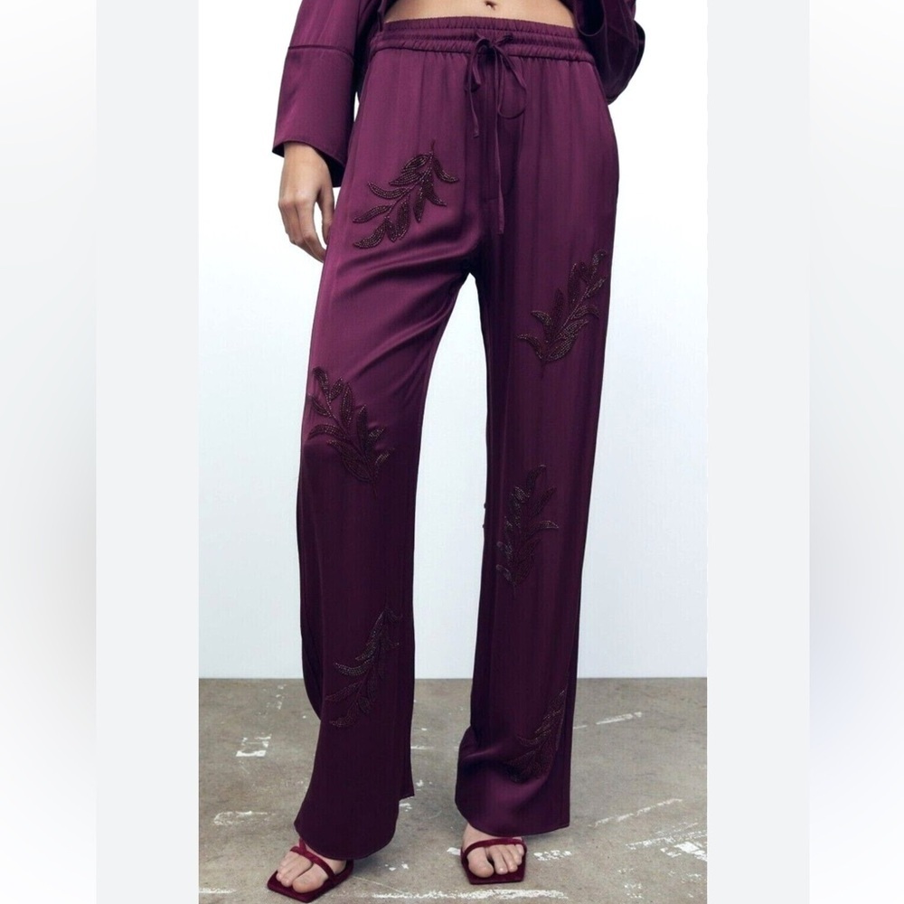 ZARA PURPLE HIGH-WAIST TROUSERS WITH BEADED EMBROIDERY Women’s XS New